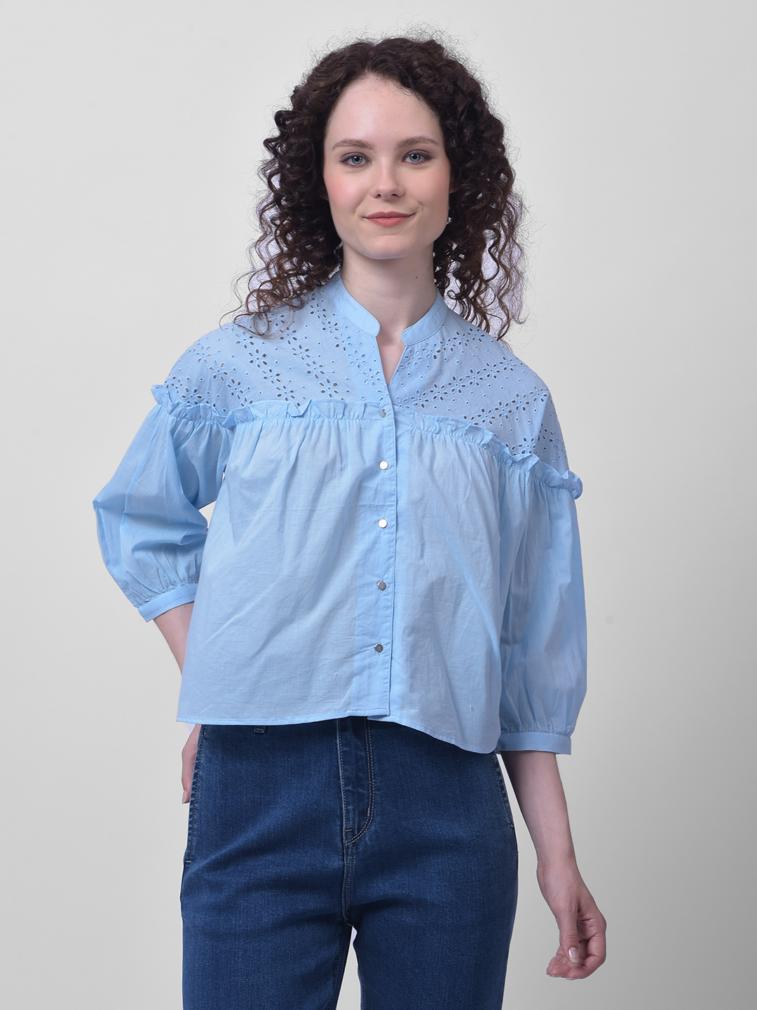 Numero Uno Women Light Blue Eyelet Yoke Cotton Top